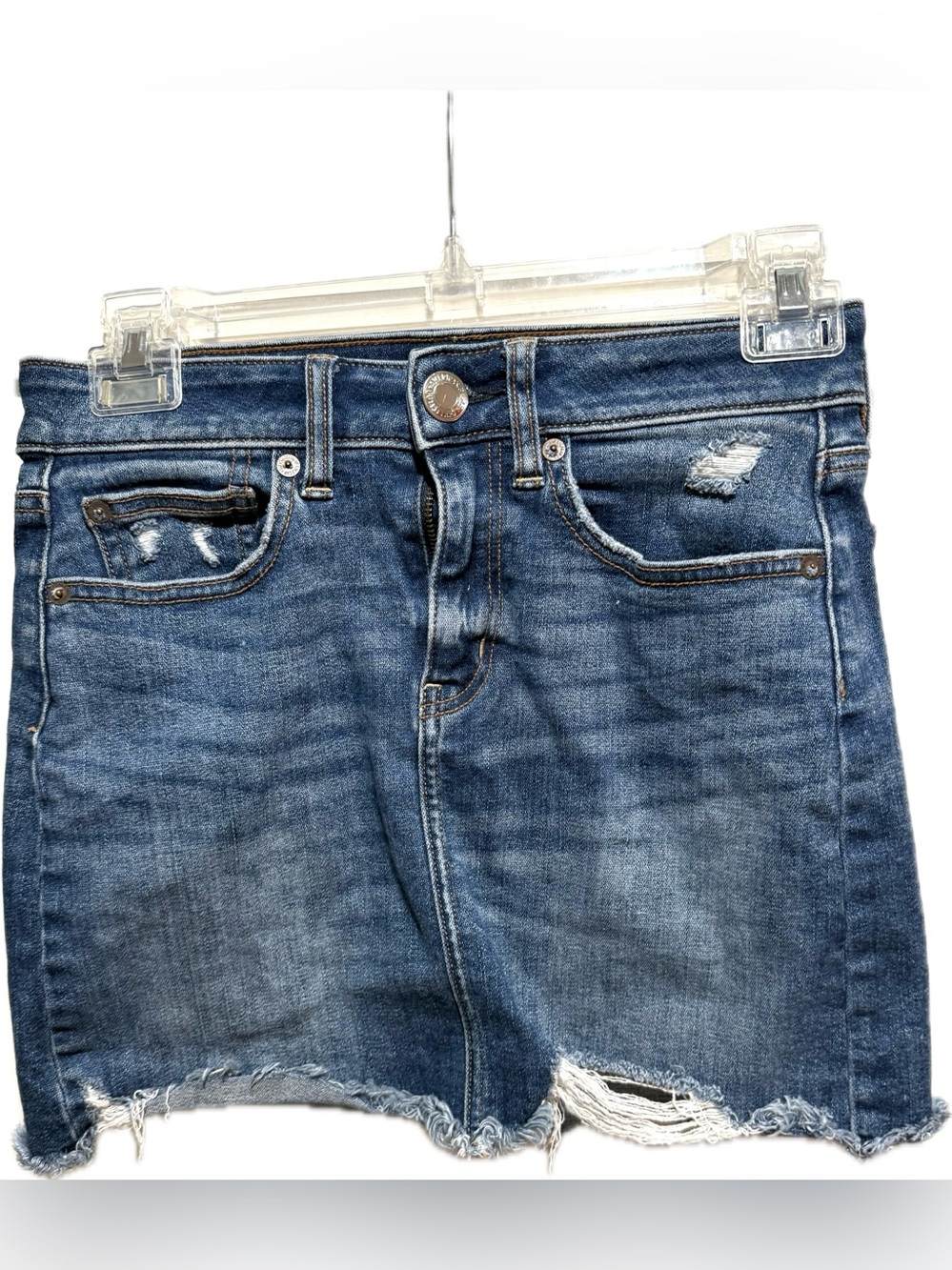 American Eagle mid-blue distressed denim mini skirt 0